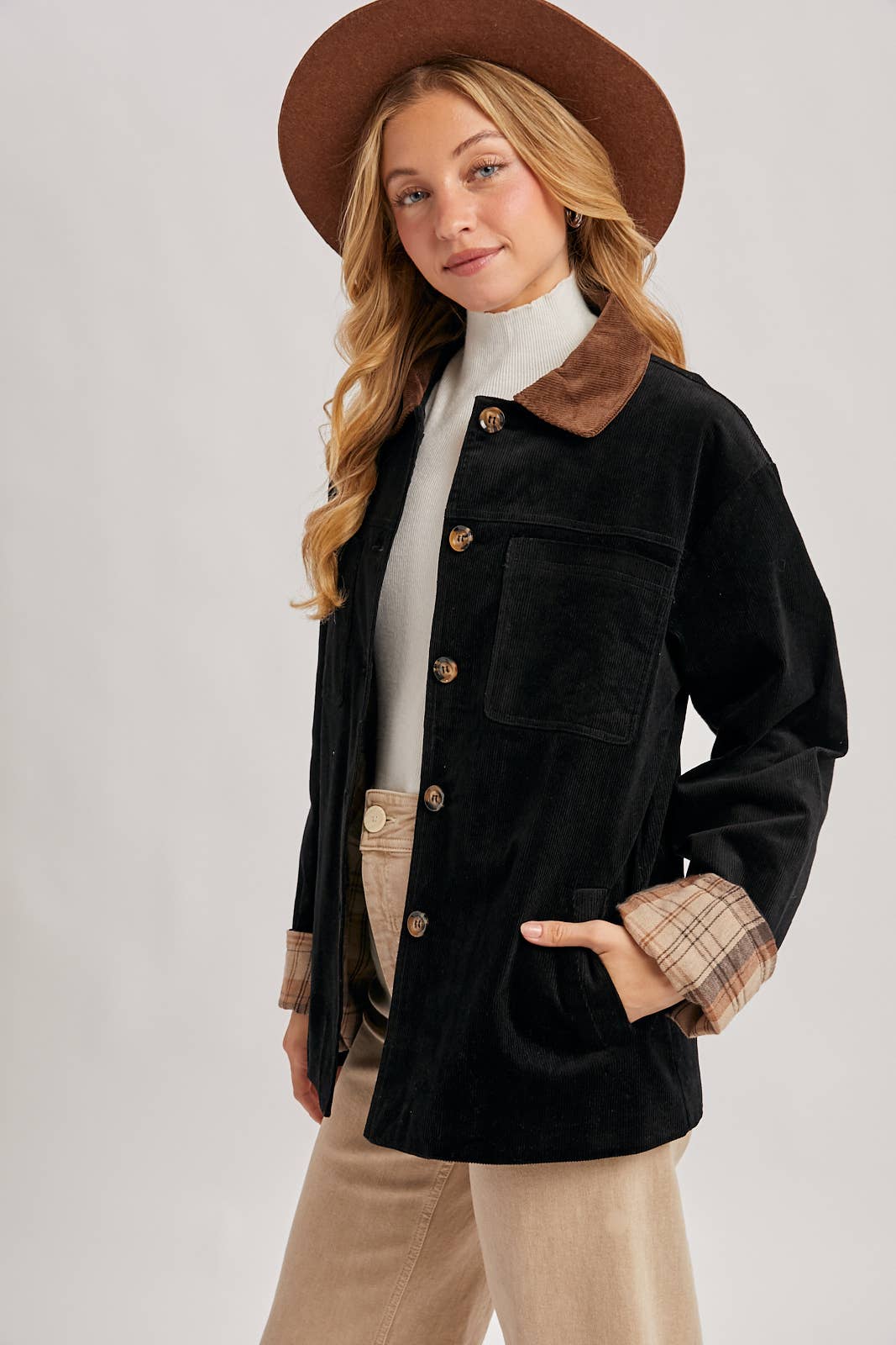 Peace Love Line Women's Corduroy Barn Coat with Plaid Lining (PL4686) – Black
