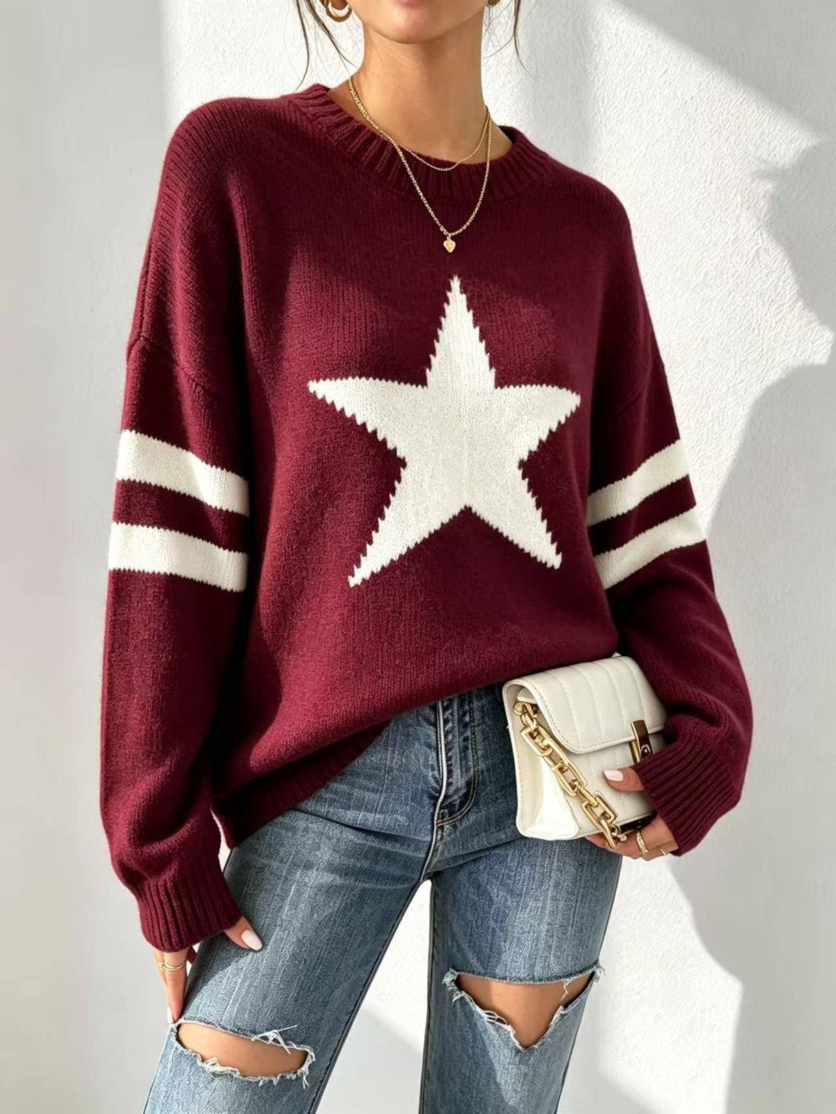 Vintage Pentagram Jacquard Stripe Sleeve Knit Sweater – Beige
