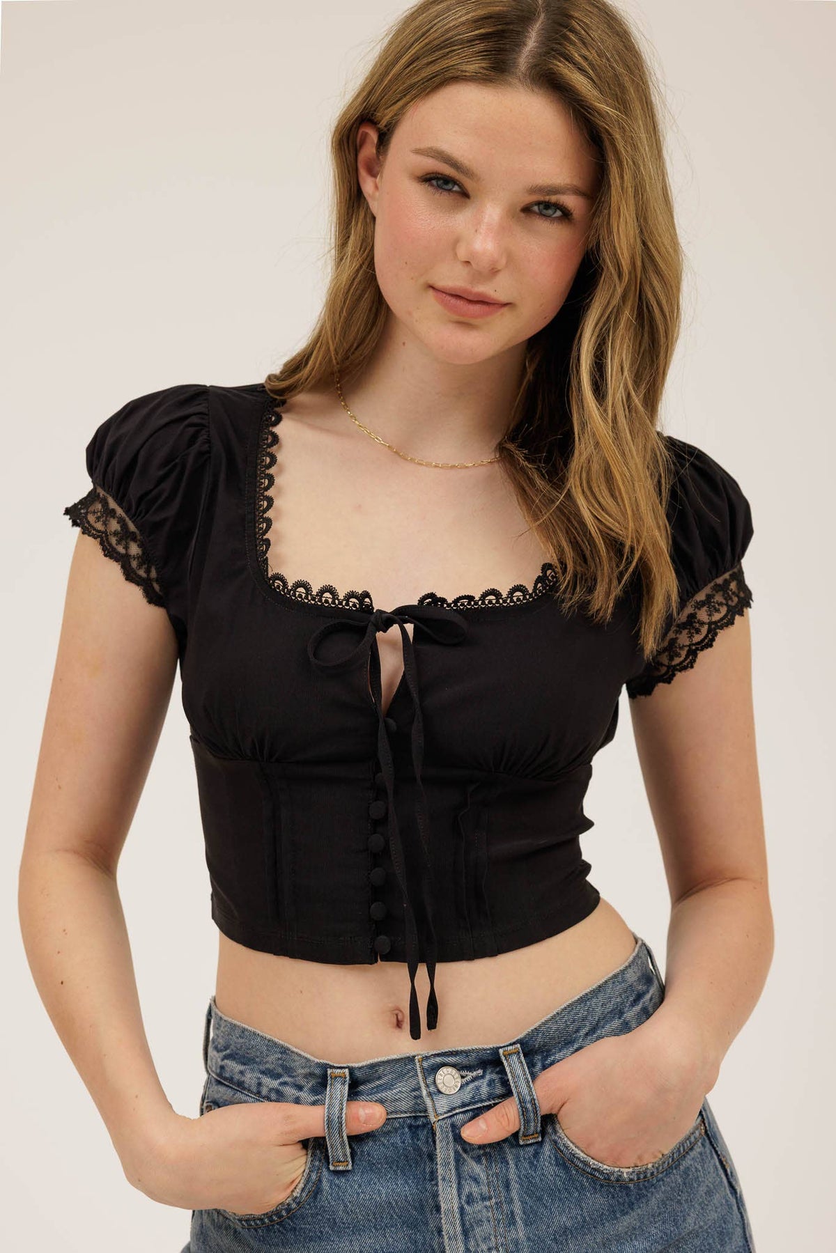 Blu Pepper Lace Trim Button Down Front Tie Crop Top – White