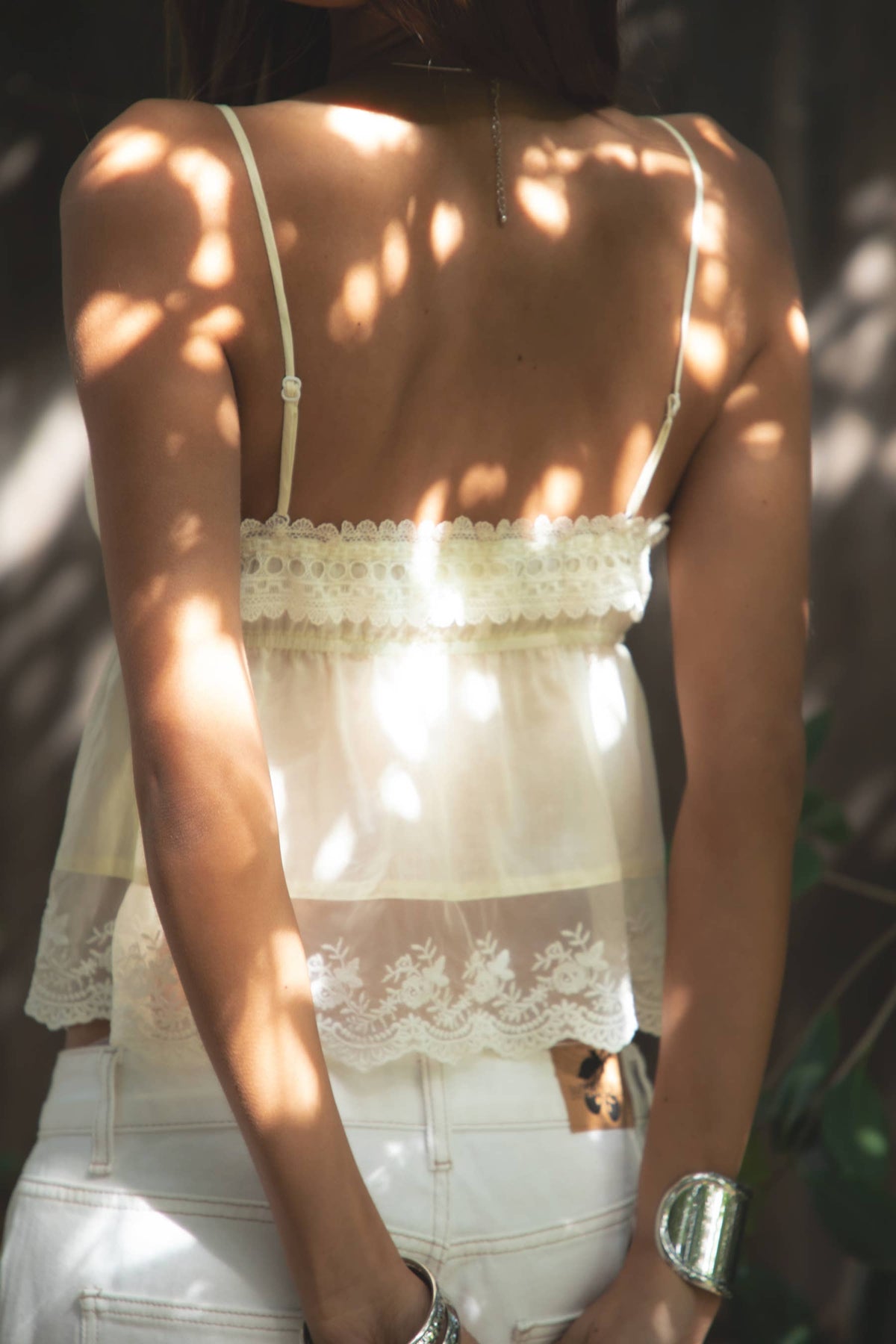 TICTOC BRIELLE Babydoll Embroidered Mesh Lace Trim V-Neck Cami Top – Cream