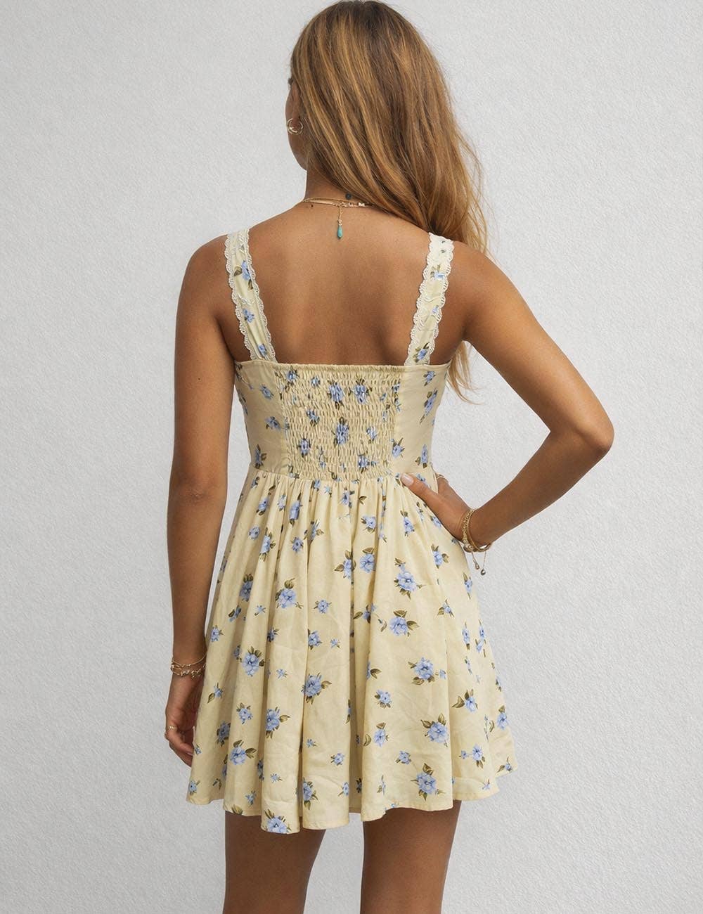 Ladies Boho Floral Square Neck Lace Trim Ruched Light Yellow Mini Dress