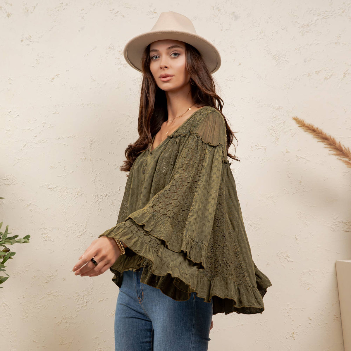 Young Threads Dreamy Sheer V-Neck Ruffled Button-Front Top – Gravel