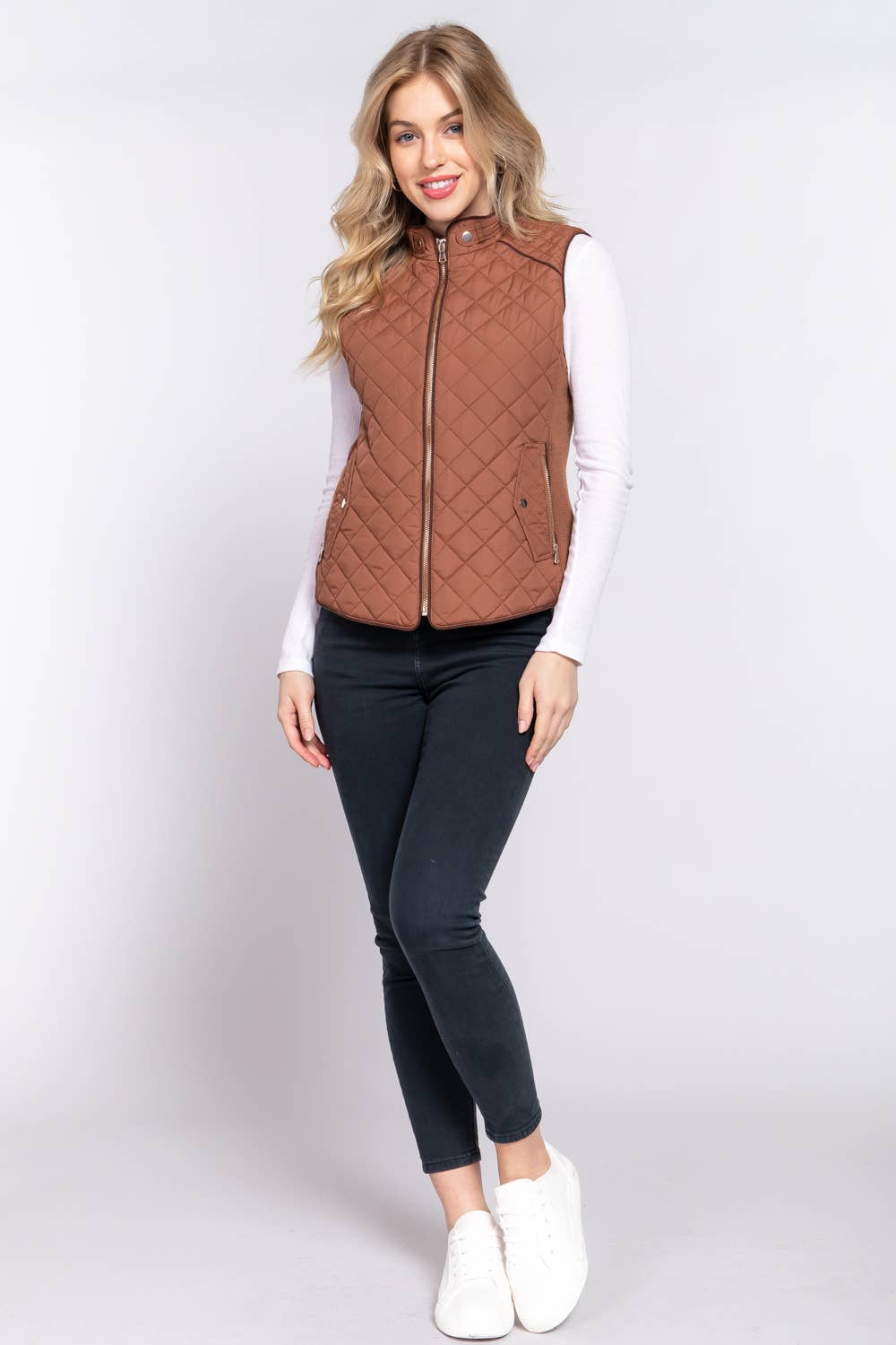 Suede Piping Detail Rib Quilted Padding Vest