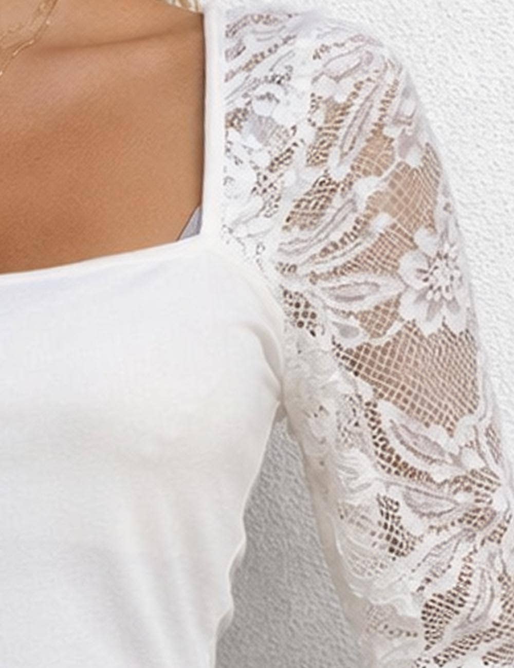 Sweet Kama Women's Sexy Square Neck Long Sleeves Lace Top – White