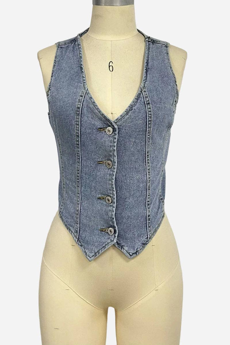 Soli Echo Button-Front V-Neck Vest – Light Blue