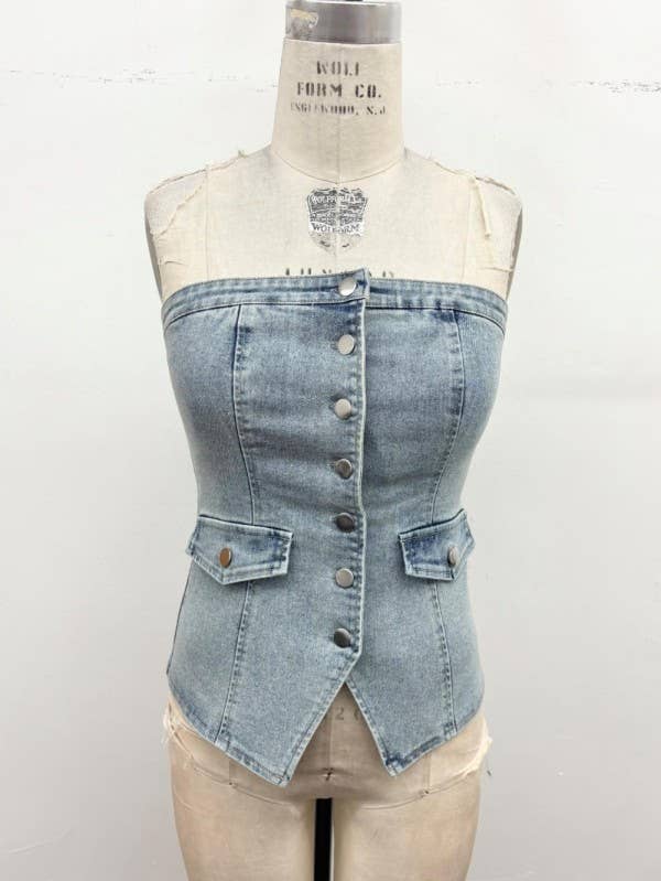 Timing Brand Strapless Button-Up Stretch Denim Corset Top