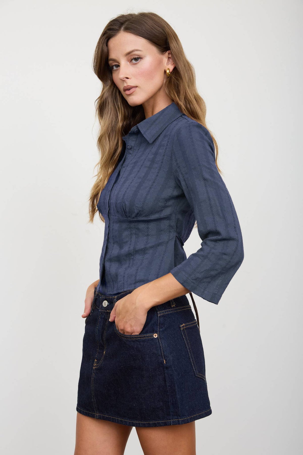 Blu Pepper Stripe Collared Long Sleeve Empire Waist Top – Brown