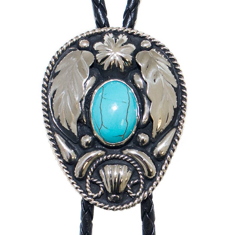Turquoise Stone on Oval German Silver Bolo Tie with Feathers