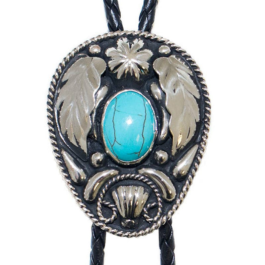 Turquoise Stone on Oval German Silver Bolo Tie with Feathers