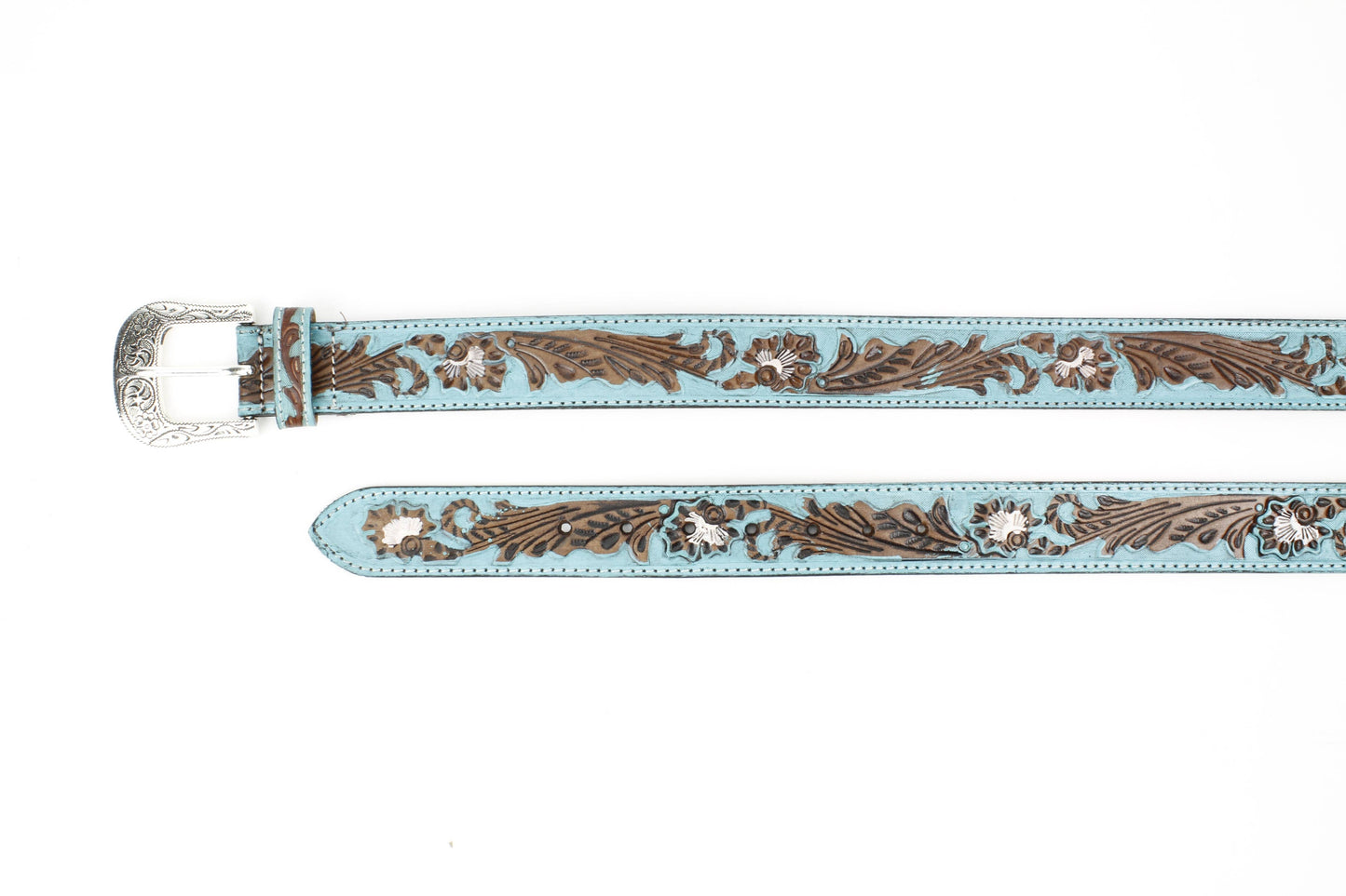 Turquoise Tooled Floral Belt Brown Accents ABB WST 09