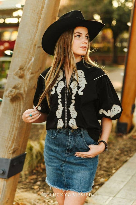 LUCKY & BLESSED Classic Western Unfinished Hem Mid Wash Skirt