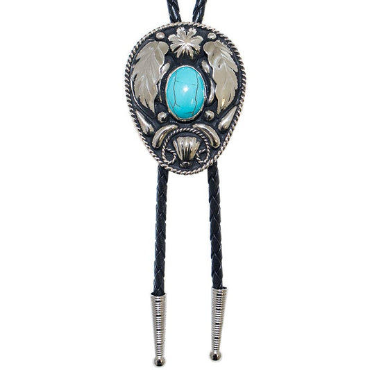 Turquoise Stone on Oval German Silver Bolo Tie with Feathers