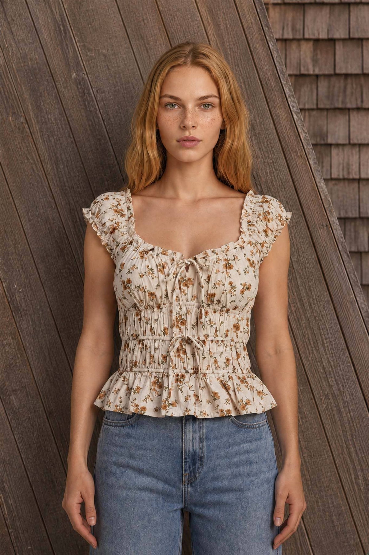Blu Pepper Floral Front Tie Shirred Waist Ruffled Top