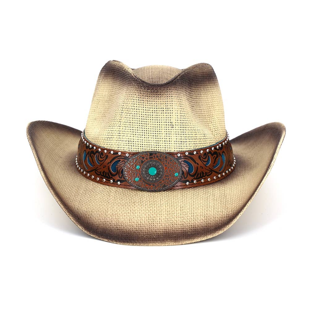 Floral Concho Band Two Tone Straw Cowboy Hat: TP