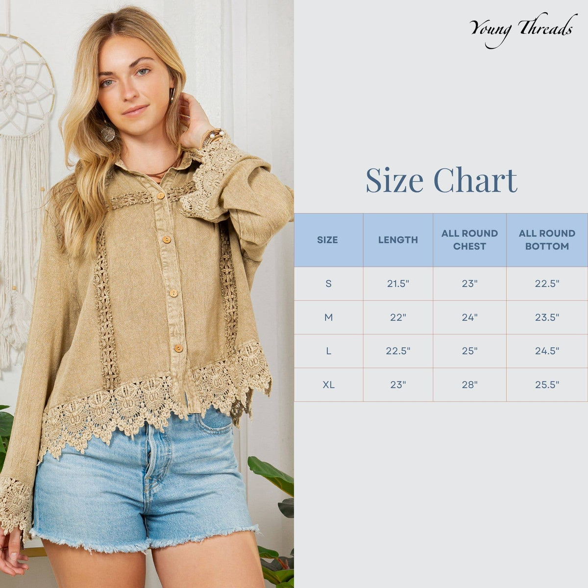 Young Threads Artisan Boho Lace Trim Button-Front Blouse Top – Khaki Green