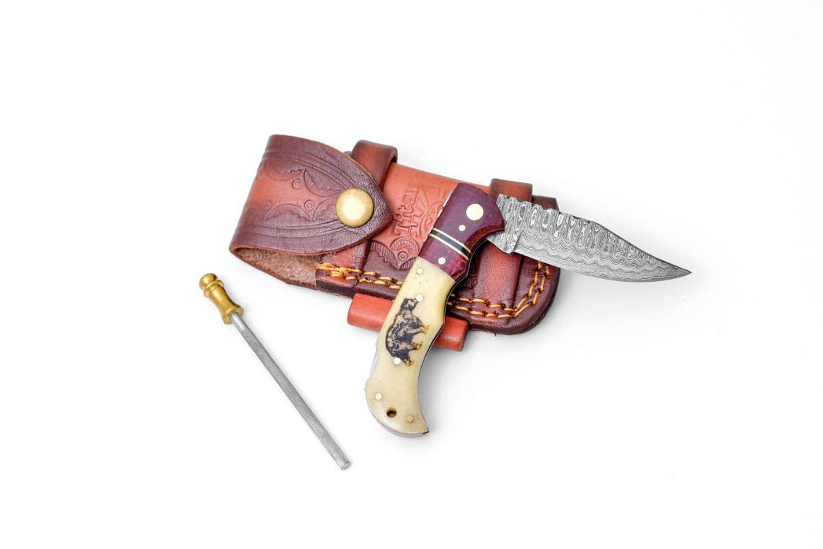 Titan International Bear Engraved Damascus Folding Knife with Leather Sheath