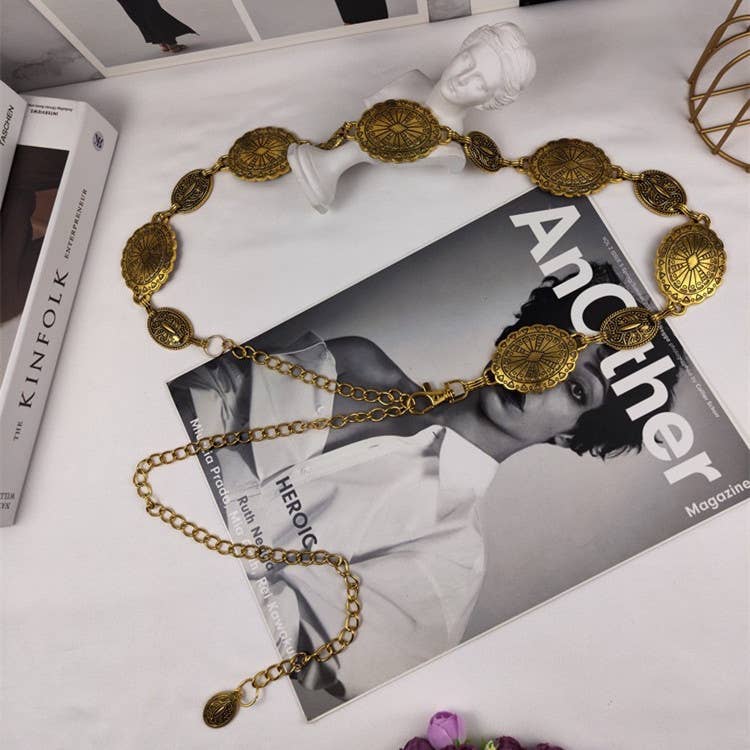 High-End Ethnic Style Vintage Metal Belt Chain: Golden / M