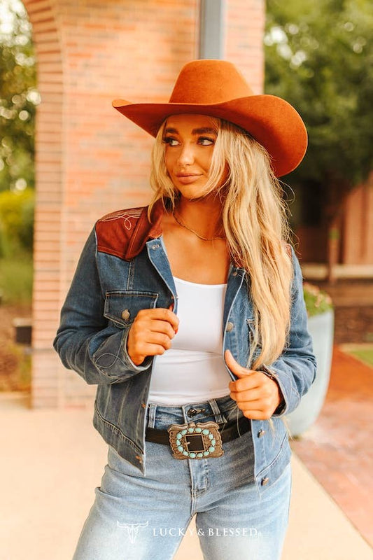 LUCKY & BLESSED Denim Boot Stitch Brown Leather Yoke Jacket