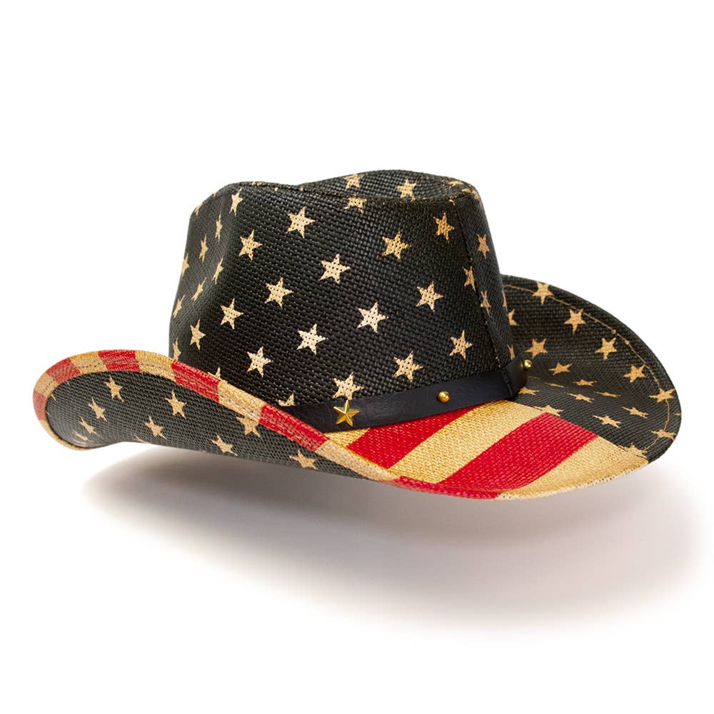 Red, Brown & Blue Americana Straw Western Hat: L/XL