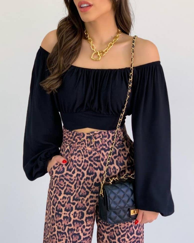 Crop Top Balloon Sleeve Straight-Neck Shirt – White