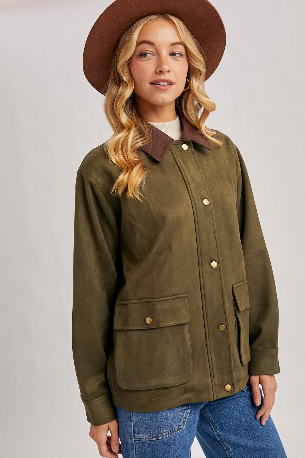 Peace Love Line Women's Faux Suede Button-Down Jacket (PL9022) – Camel