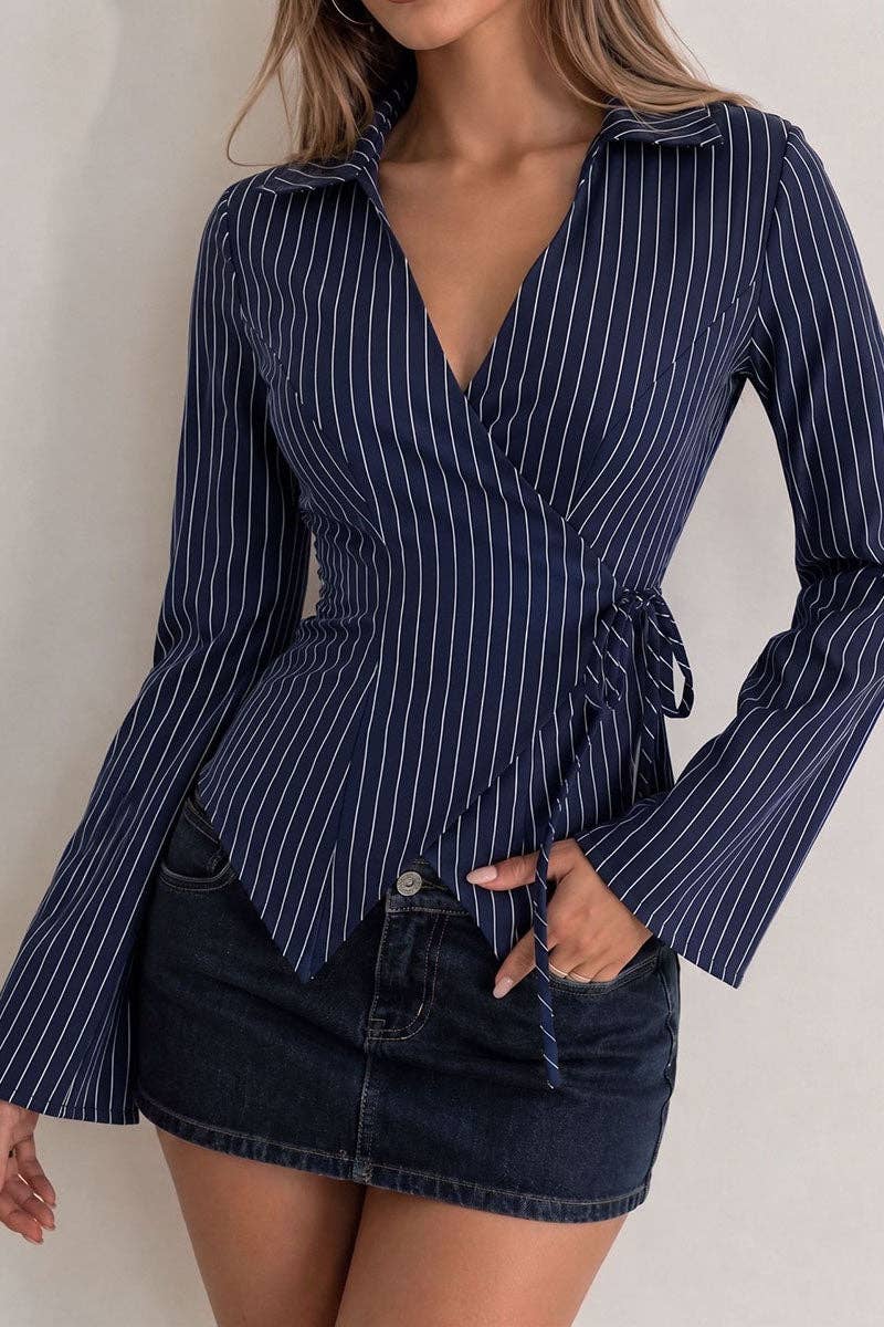 Soli Echo Striped Wrap V-Neck Tie Waist Blouse