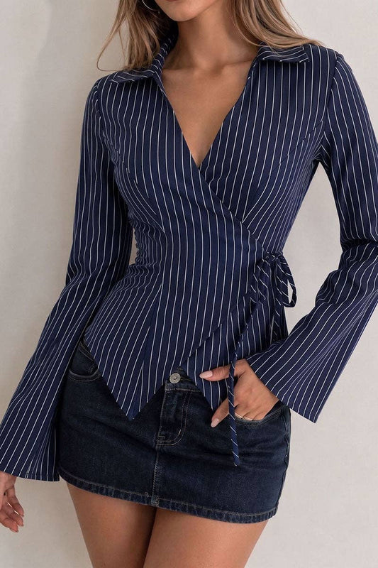 Soli Echo Striped Wrap V-Neck Tie Waist Blouse