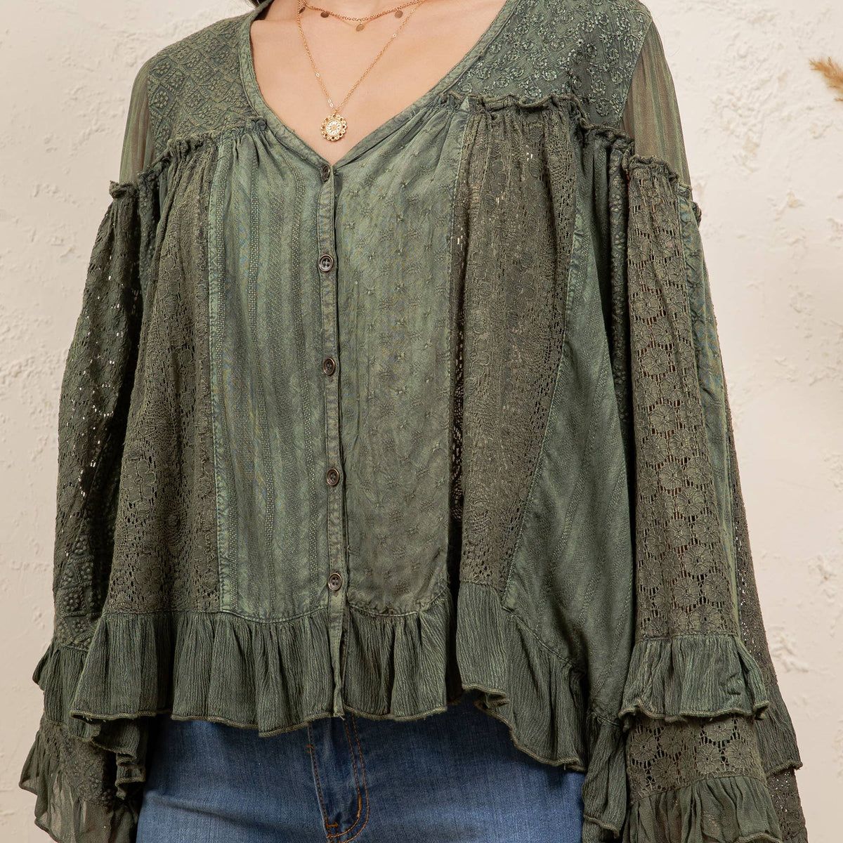 Young Threads Dreamy Sheer V-Neck Ruffled Button-Front Top – Gravel