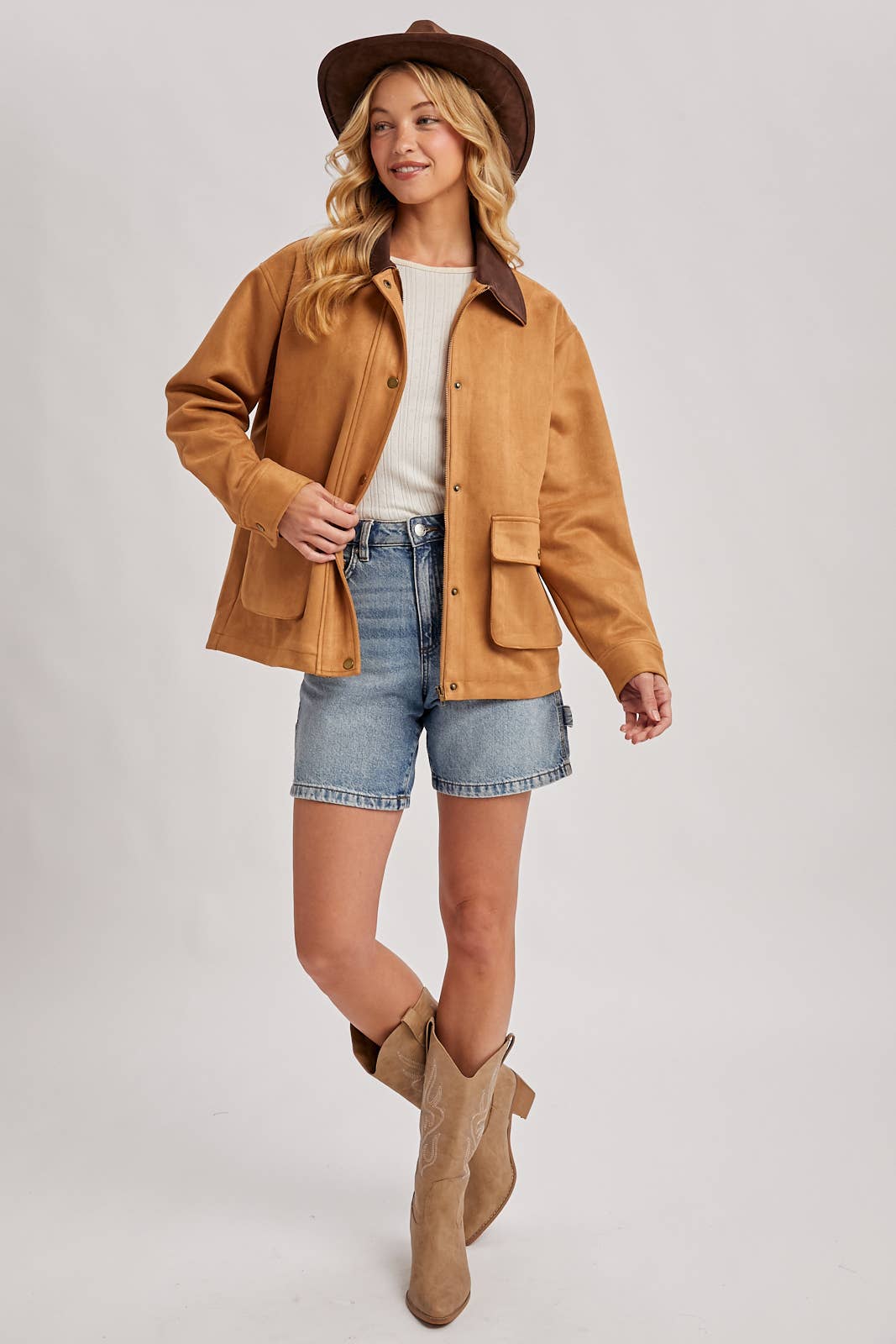 Peace Love Line Women's Faux Suede Button-Down Jacket (PL9022) – Camel