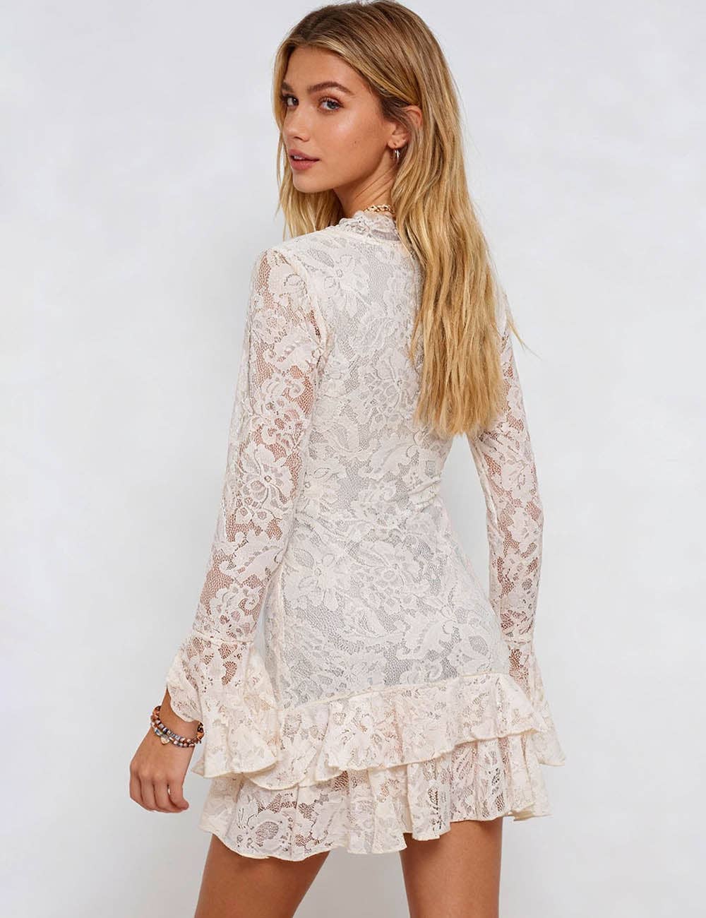 Sweet Kama Brand Ladies White Lace Scalloped Trim V-Neck Tiered Ruffle Mini Dress