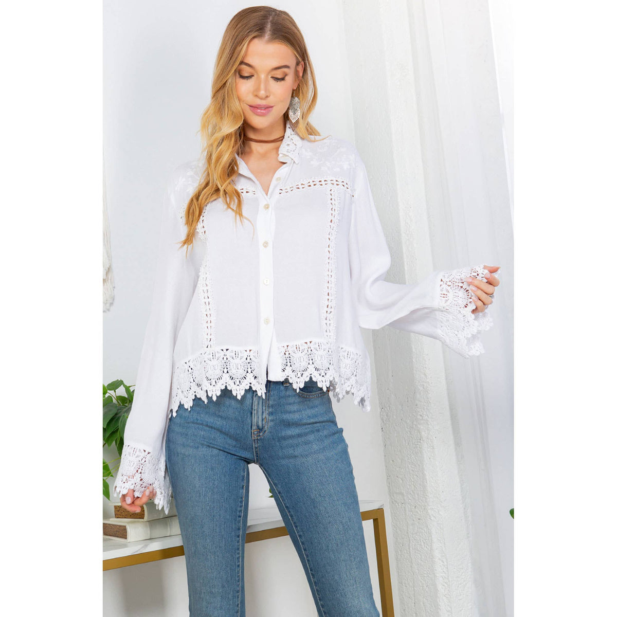 Young Threads Artisan Boho Lace Trim Button-Front Blouse Top – Khaki Green