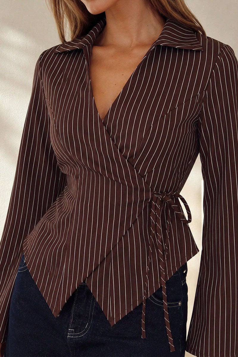 Soli Echo Striped Wrap V-Neck Tie Waist Blouse