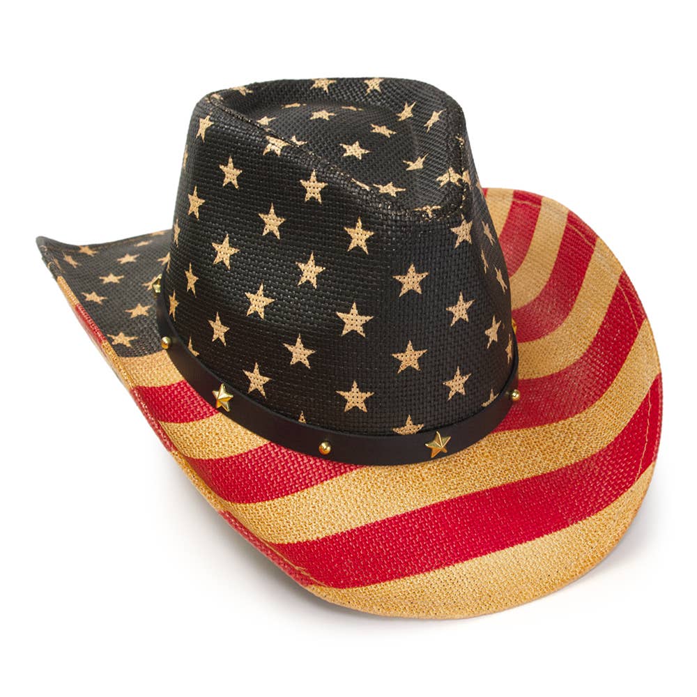 Red, Brown & Blue Americana Straw Western Hat: L/XL