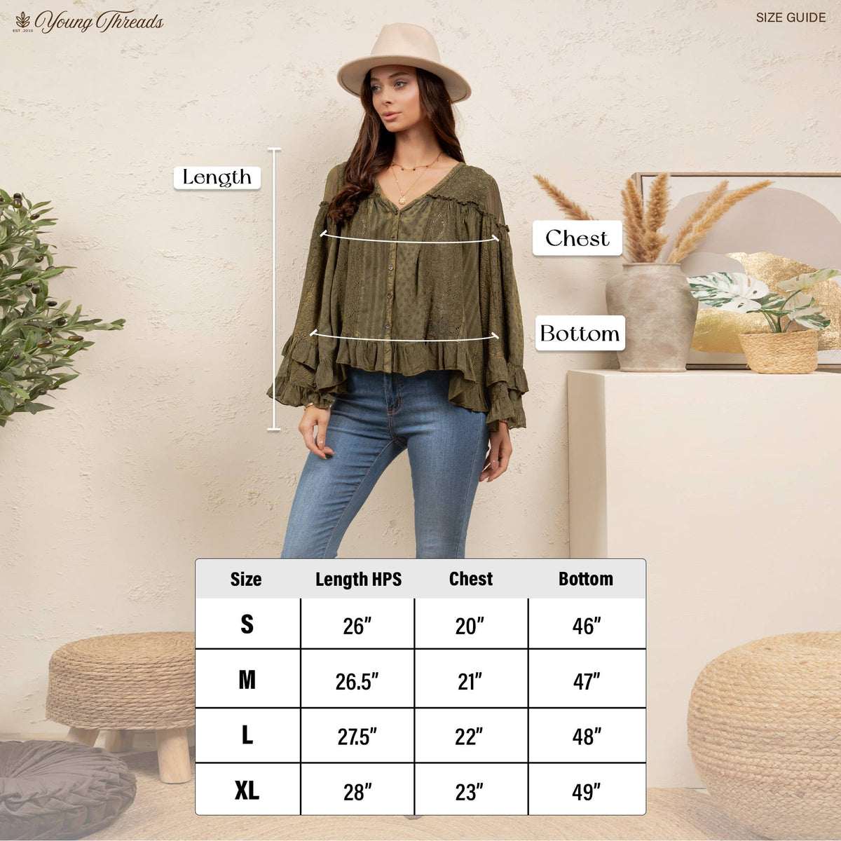 Young Threads Dreamy Sheer V-Neck Ruffled Button-Front Top – Gravel