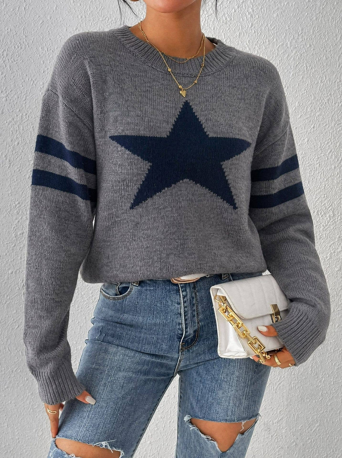 Vintage Pentagram Jacquard Stripe Sleeve Knit Sweater – Beige