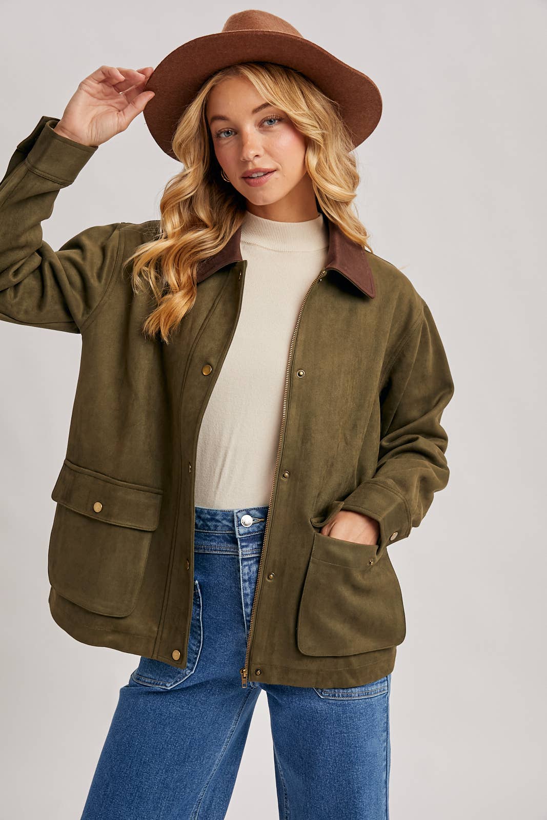 Peace Love Line Women's Faux Suede Button-Down Jacket (PL9022) – Camel