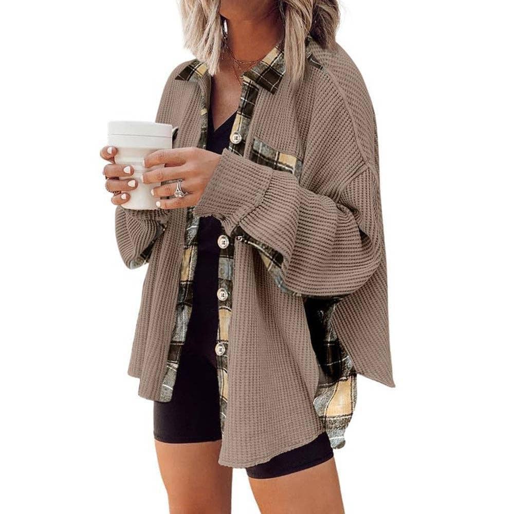 Sweet Kama Women's Plaid Waffle Button-Down Shirt – Apricot