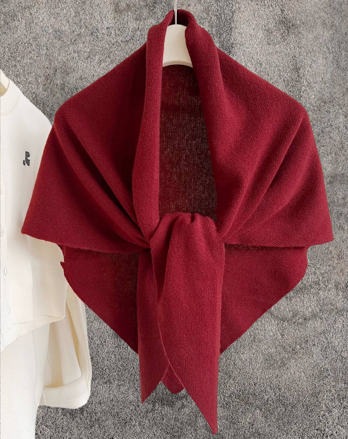 JC Sunny Fashion JC063345 Cashmere-Blend Knit Triangle Shawl with Cross-Front Design – Wine Red