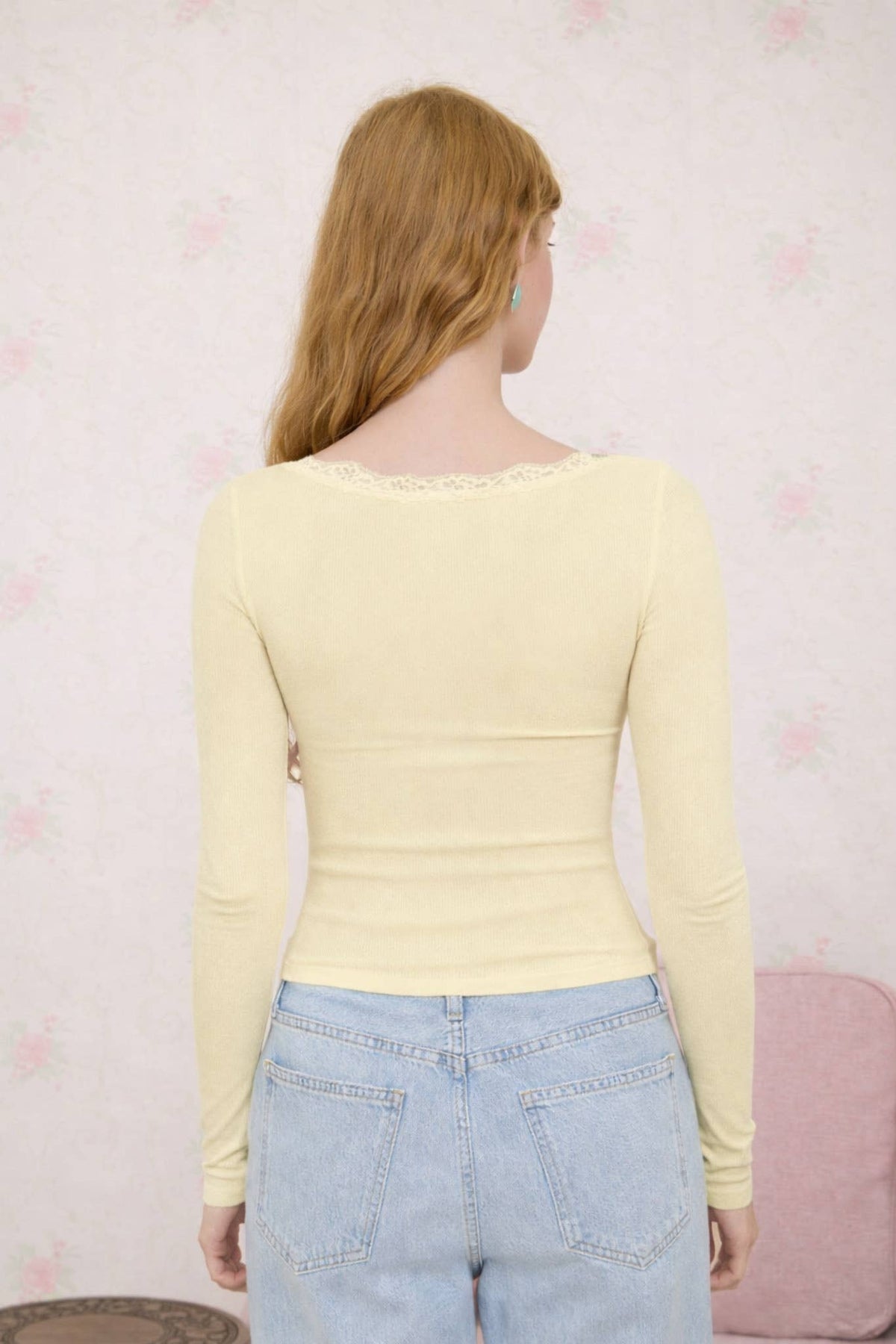 The Workshop Studio Lace Trim Button Detail Long Sleeve Knit Top