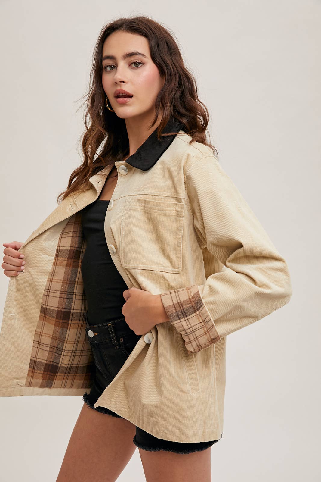 Peace Love Line Women's Corduroy Barn Coat with Plaid Lining (PL4686) – Black