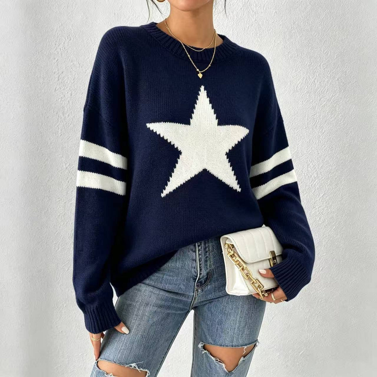 Vintage Pentagram Jacquard Stripe Sleeve Knit Sweater – Beige