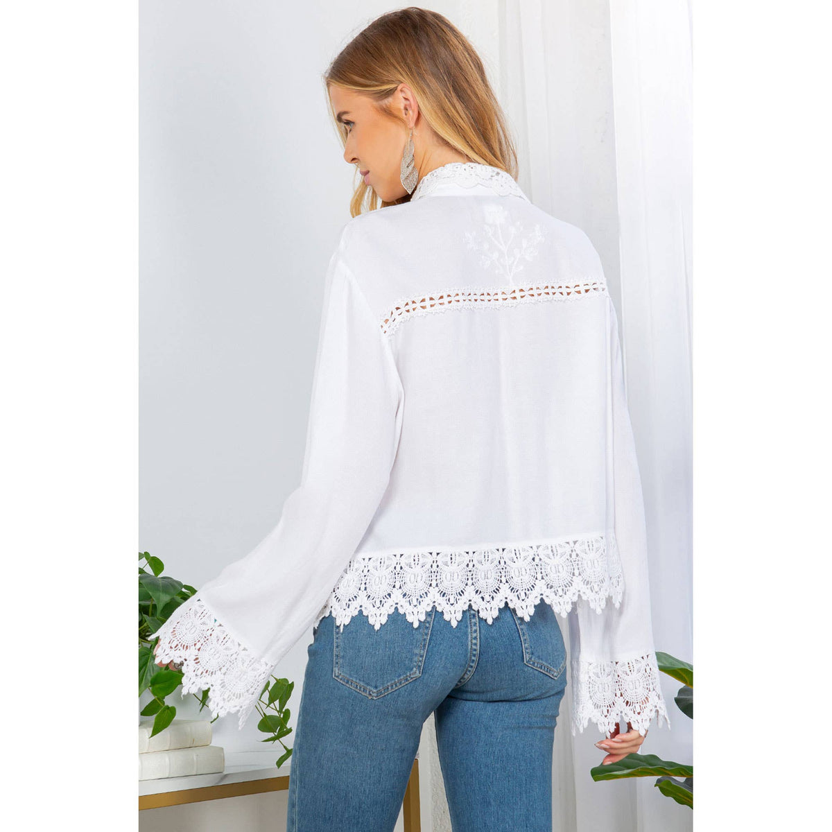 Young Threads Artisan Boho Lace Trim Button-Front Blouse Top – Khaki Green