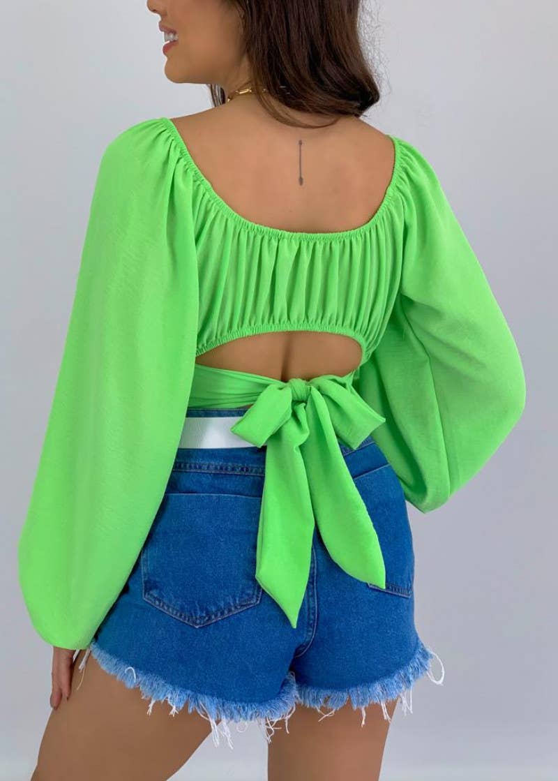 Crop Top Balloon Sleeve Straight-Neck Shirt – White