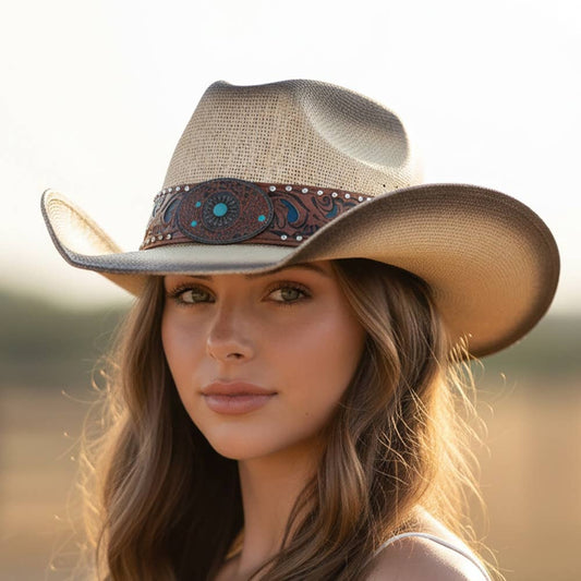 Floral Concho Band Two Tone Straw Cowboy Hat: TP