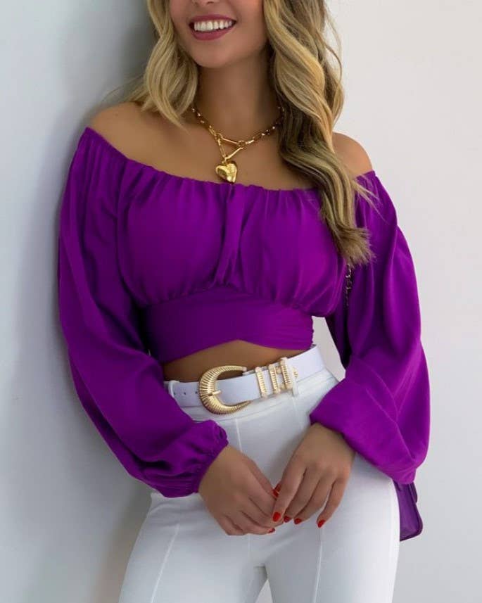 Crop Top Balloon Sleeve Straight-Neck Shirt – White