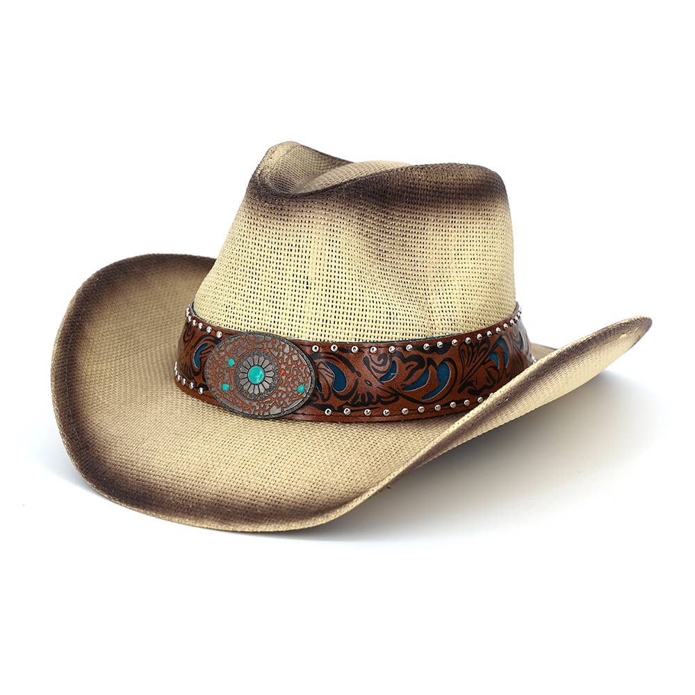 Floral Concho Band Two Tone Straw Cowboy Hat: TP