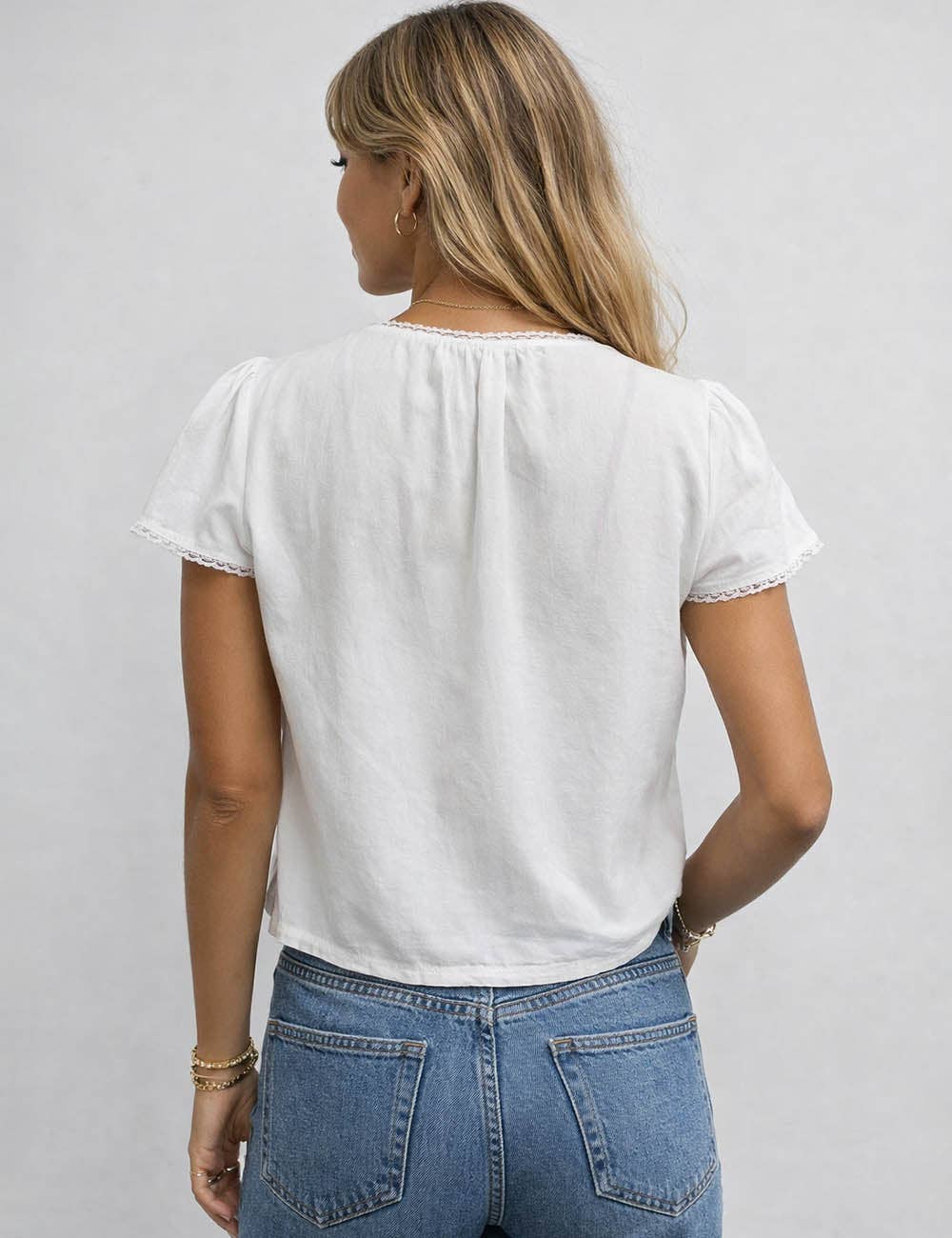 Ladies Boho V-Neck Lace Trim Solid Color Short Sleeves Top