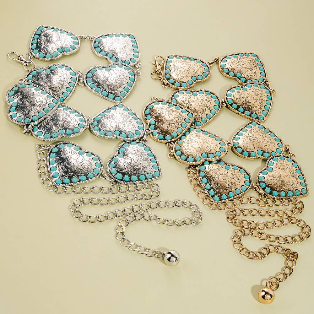 Anarchy Street Engraved Heart Concho Turquoise Bead Chain Belt