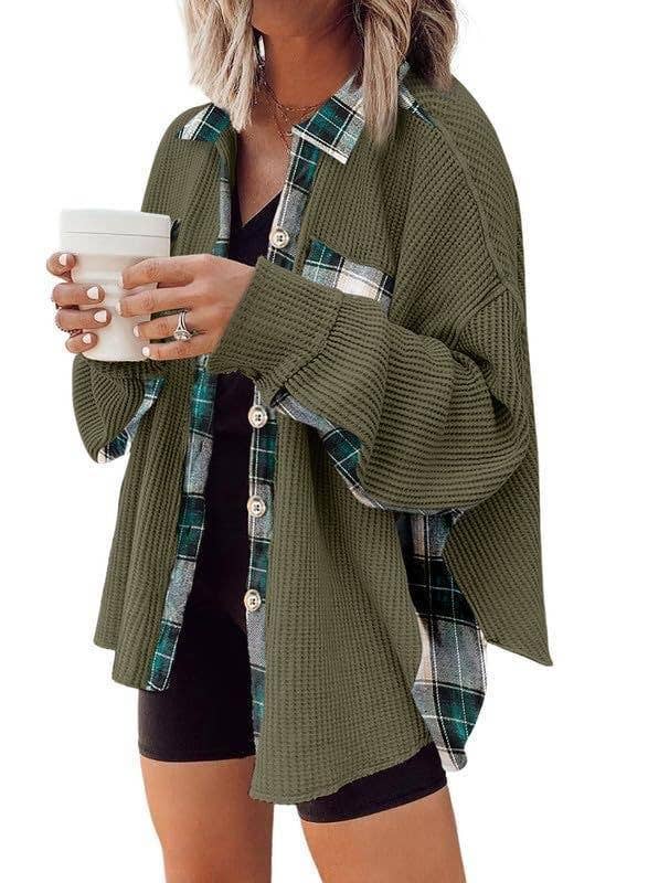 Sweet Kama Women's Plaid Waffle Button-Down Shirt – Apricot