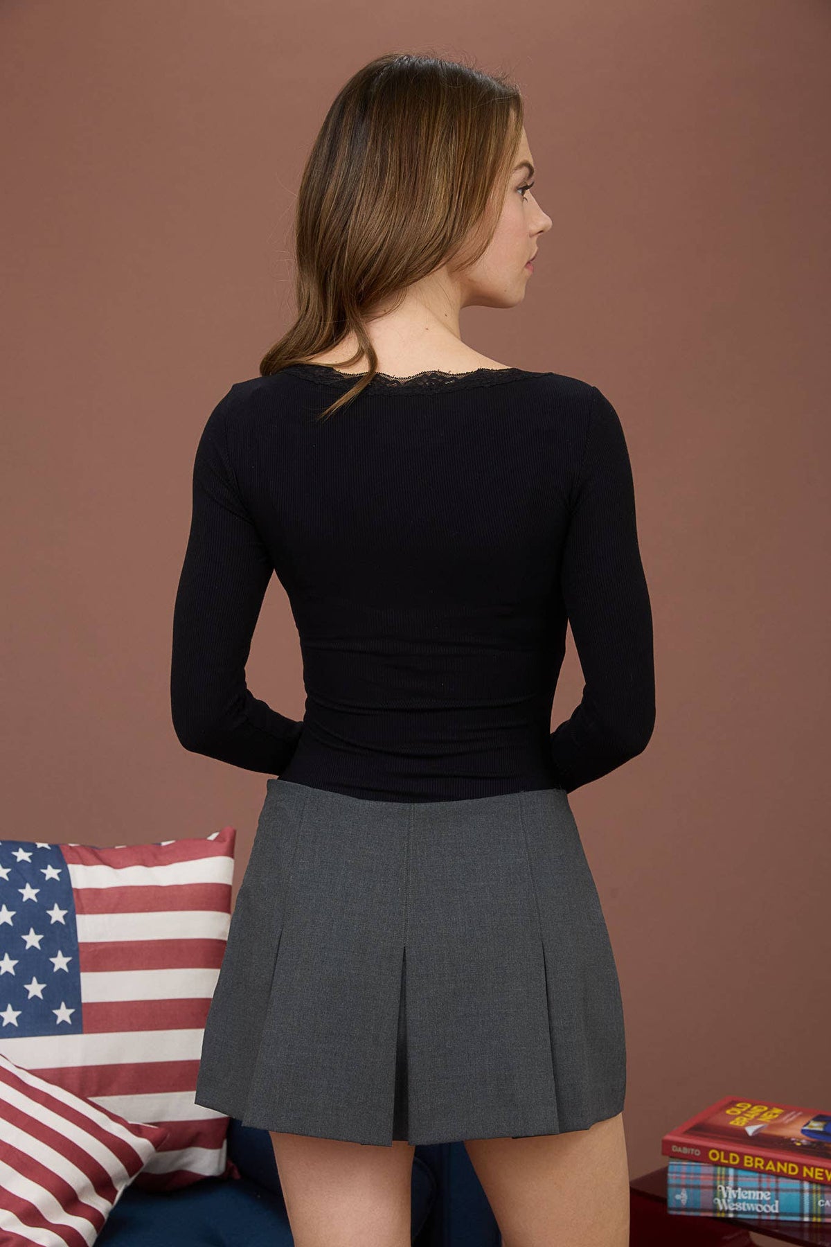 The Workshop Studio Lace Trim Button Detail Long Sleeve Knit Top